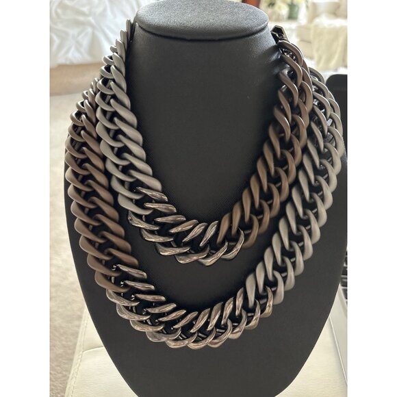 Lafayette Italy Chunky Multilayer Chain Necklace Metallic Silver & Brown Tones - Picture 1 of 15